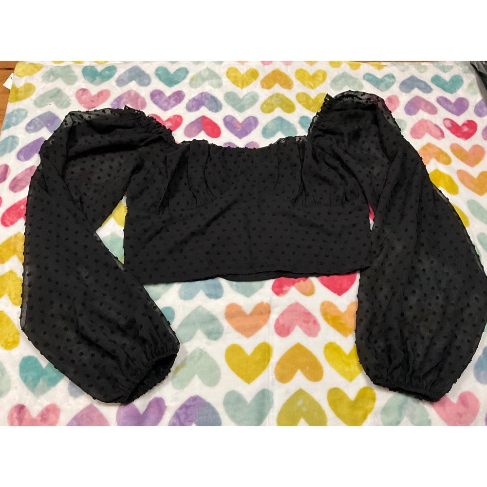 Black Sheer Swiss Dot Long Sleeve Crop Top Blouse Party Cute